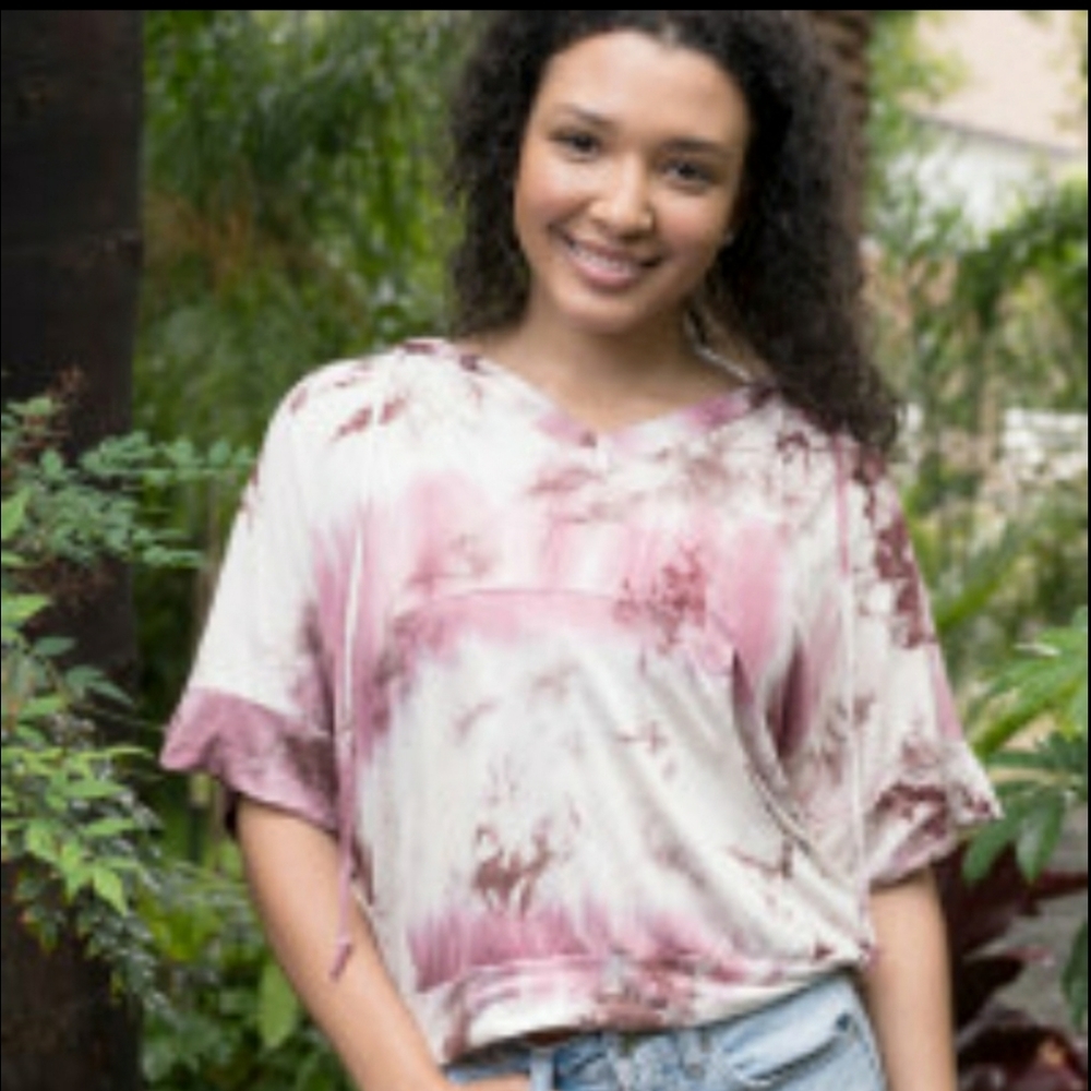 Short Sleeve Banded Tie Dye Lightweight Hoodie - Picture 1 of 5